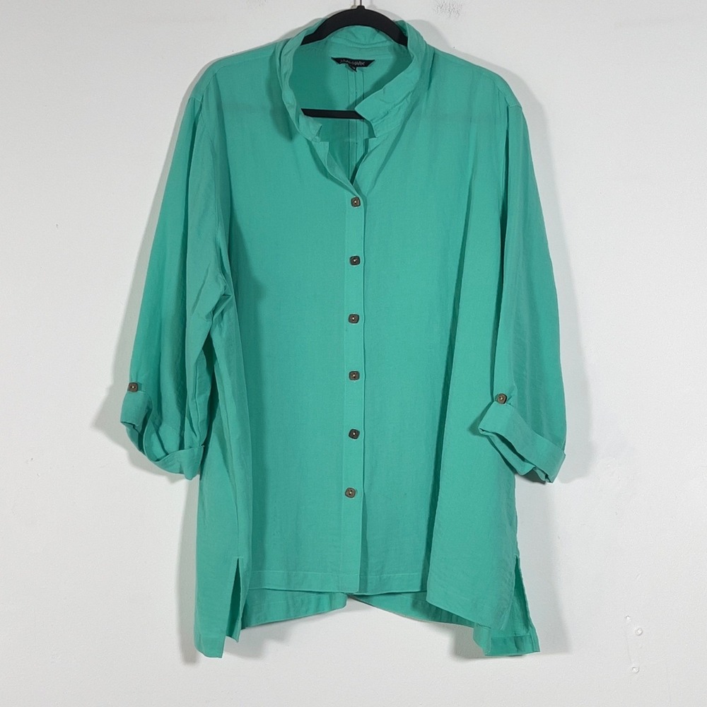 John Mark Wire Collar Tunic Top Womens Sz 2X Green 3/4 Sleeve Button Front